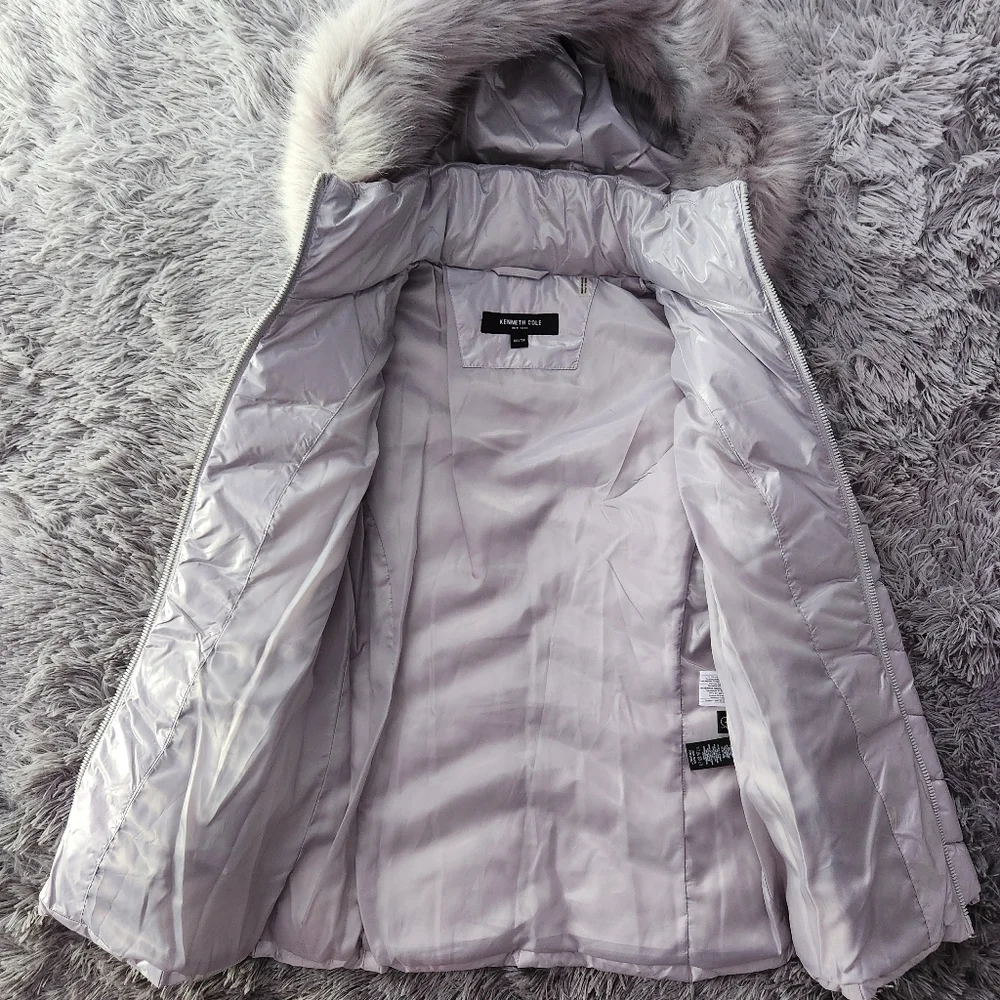 Silver Quilted Puffer Jacket with Faux Fur Hood